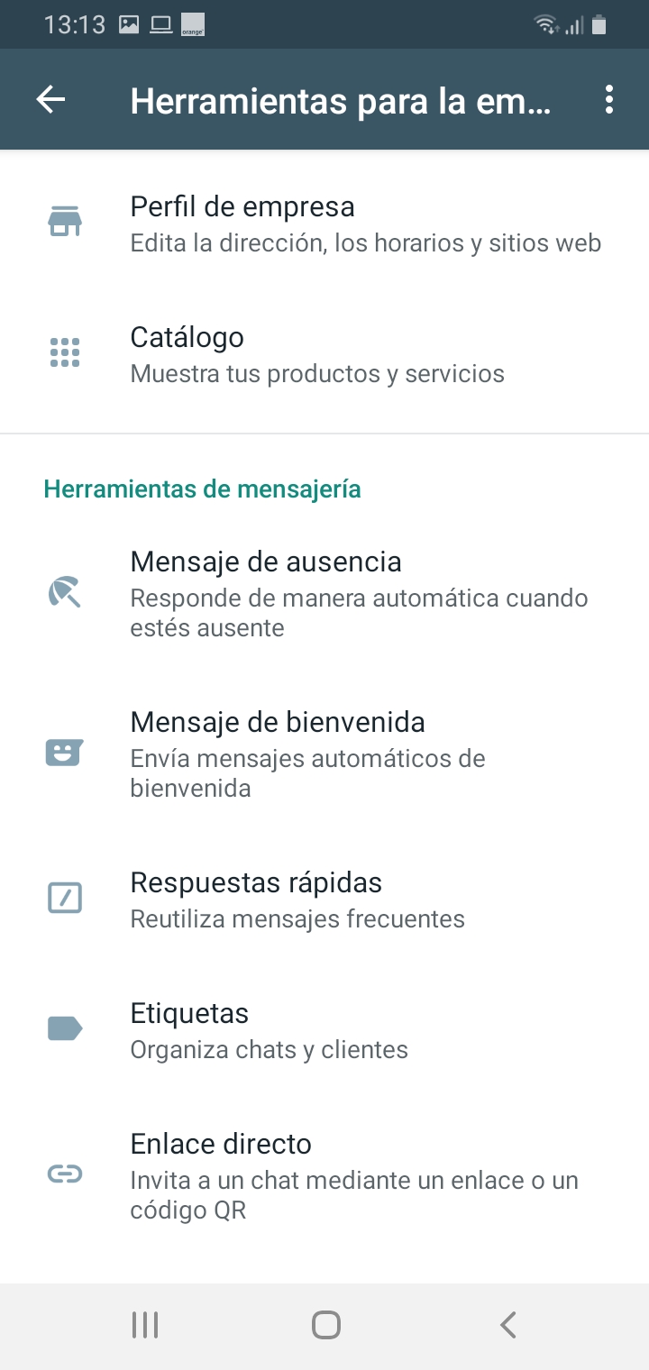 Opciones de las Herramientas para empresas de WhatsApp Business